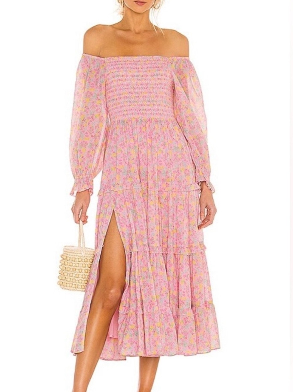 LoveShackFancy Pink Floral Off-Shoulder Tiered Midi Dress